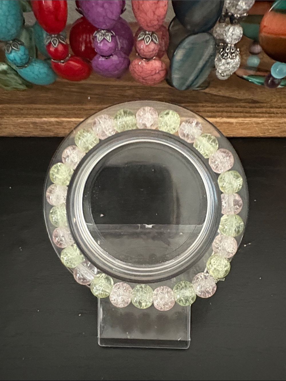 Handcrafted light pink and light green glass beaded bracelet